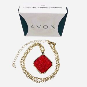 Retro Avon Brass Chain Red Glitter Pendant Necklace